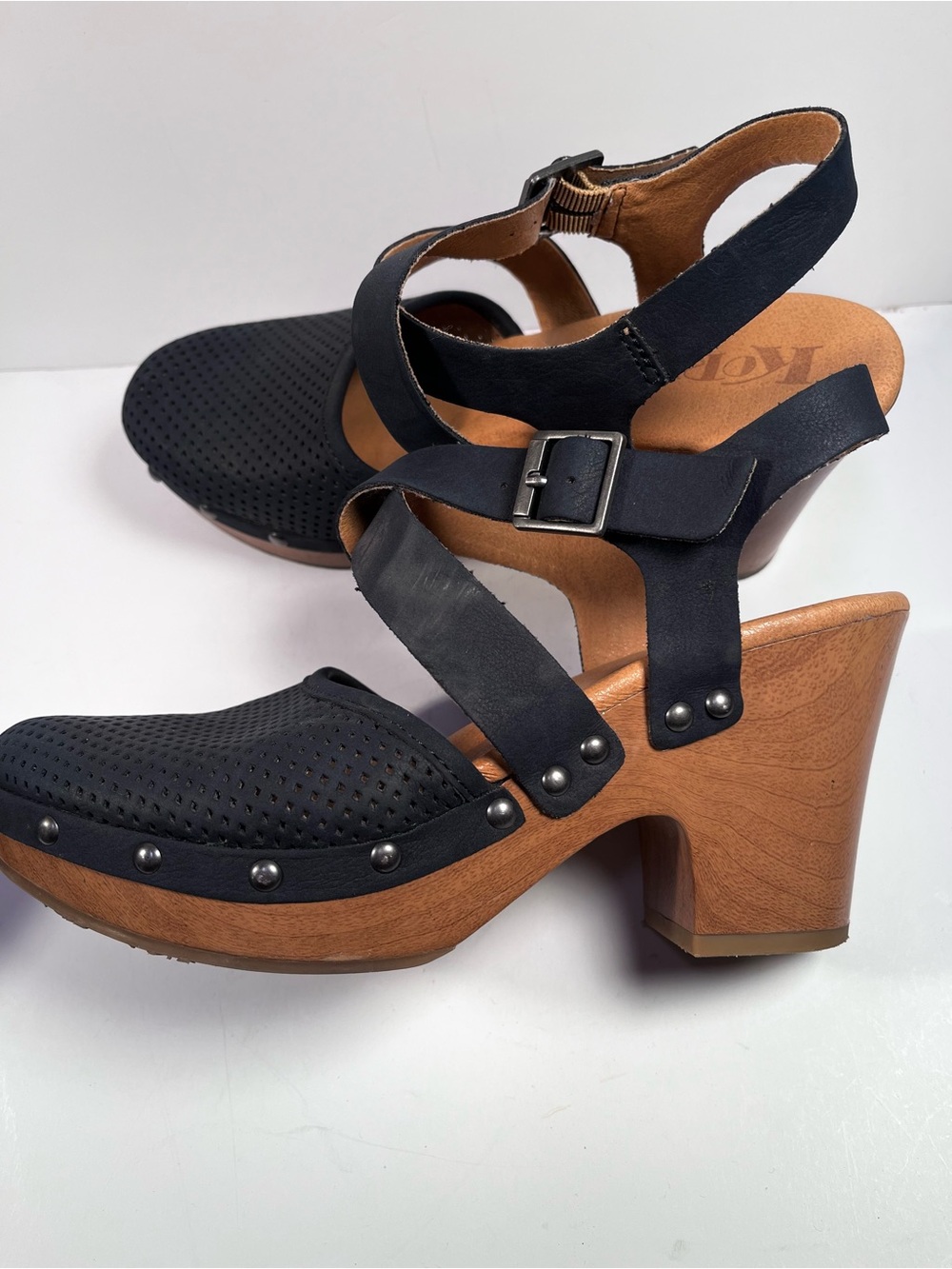 Kork-Ease Black Leather Perforated Clog Sandals with Faux Wood Heel